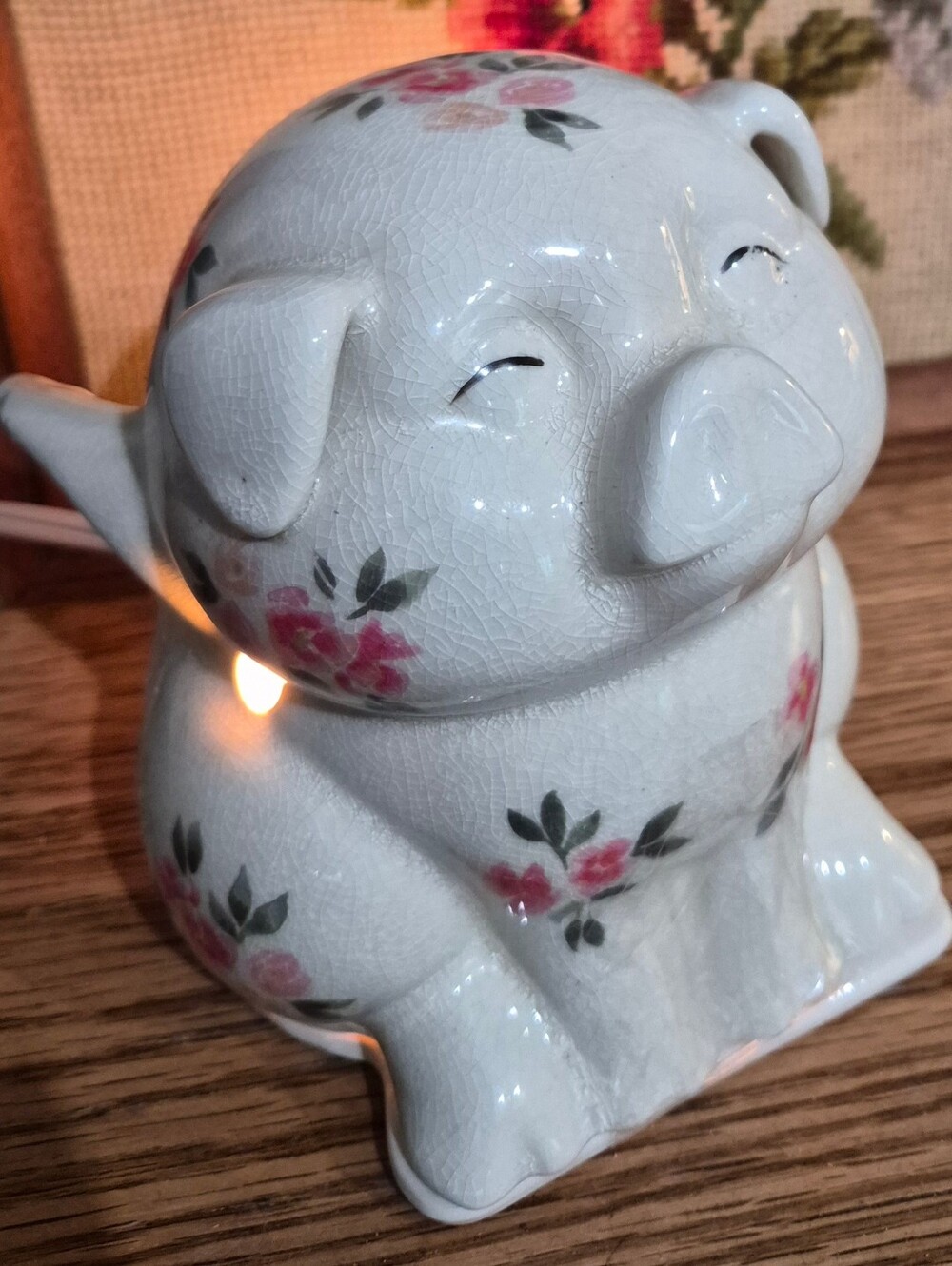 Vintage Intertek Pig Floral Wax Burner Lamp, Nightlight